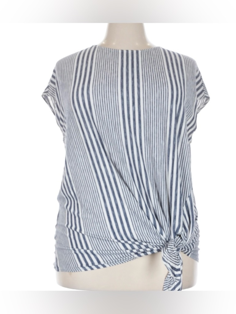 Max Studio Navy & White Striped Tie-Front Top in 1X